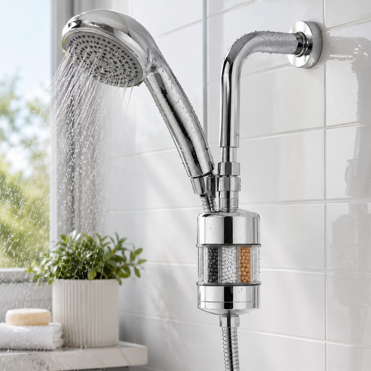 AquaPure Duschfilter installiert in moderner Dusche